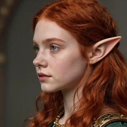 alluring profile highly detailed close-up portrait of beautiful elf girl with red hair wearing a fantasy outfit, very detailed, realistic, by Stanley Artgerm Lau, greg rutkowski, thomas kindkade, alphonse mucha, loish, norman rockwell J.