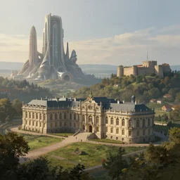 a rococo palace in a valley, with a gigantic futuristic church and towers, fortress, morning, rembrandt, artstation, matte painting