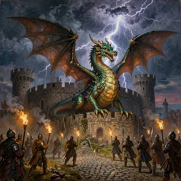 a beautiful painting of a dragon defending a castle keep, thunderstorm shooting lightning across the sky, soldiers marching on cobblestone pathways, bright torches illuminating the scene, masterpiece painting