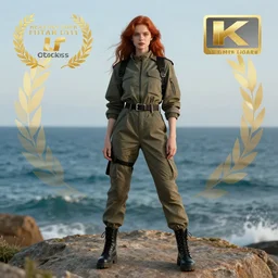 full body shot, techwear outfit hero pose of a beautiful red haired girl with very light skin with ocean in the background, highly detailed, 8 k, hdr, digital art, octane render, neo classical appeal award - winning, trending on artstation, ann stokes