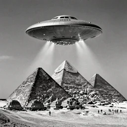 a black and white grainy photo of a UFO hovering over the pyramids of Egypt