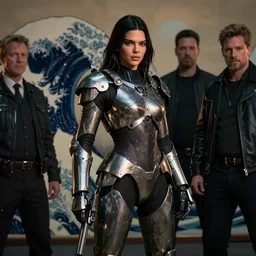 kendall jenner wearing metal gear armor holding gun dramatic lighting art by Richard Schmid by Hokusai by greg rutkowski by trevor henderson by ross draws cinematic dramatic