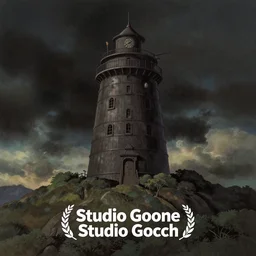 a dark tower on a hill drawn by studio ghibli