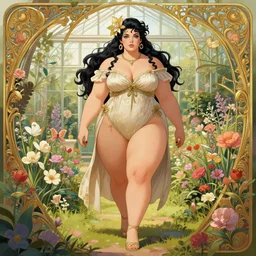 a stunning vector portrait of a thicc and voluptuous poison ivy dressed as palutena walking through a flowering garden, greenhouse in the background, intricate, elegant, highly detailed, digital painting, artstation, concept art, ultra sharp focus, illustration, art by jugendstil and greg rutkowski and alphonse mucha