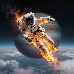 burning!! astronaut!! falling through the majestic clouds of jupiter!!, by cedric peyravernay, highly detailed, excellent composition, cinematic concept art, dramatic lighting, trending on artstation