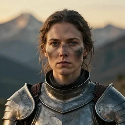 head and shoulders portrait of a female knight, worn armor, smudged ash on face, detailed face, photography by jimmy nelson, dramatic mountain background, golden hour, hq