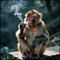 photography of a stoned monkey smoking a joint, marijuana, smoke, cinestill 800t,