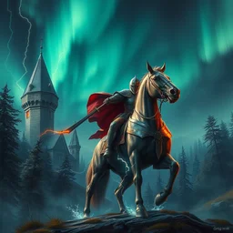 knight mounted in a horser, wielding a greatsword of fire with electricity element, standing in frontal of a castle, castle realistic, big forest world fantasy hyperrealism, armor lightnings elemental hyperrealism, sky northern lights, hyperrealism by greg rutkowski hyperrealism n 4
