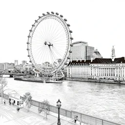 above themes river near the london eye, line art by stephen wiltshire