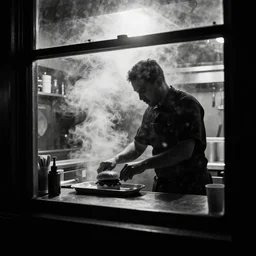 a black and white silhouette photograph of a chef in a small smokey bar in san francisco grilling burgers taken through the window