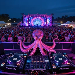award winning photo of an octopus! as a dj with tentacles! simultaneously placed turntables cdjs and knobs of a pioneer dj mixer. sharp, blue and fuschia colorful lighting, in front of a large crowd, studio, medium format, 8 k detail, volumetric lighting, wide angle, at an outdoor psytrance festival main stage at night