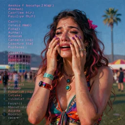 minimalist photograph beautiful Coachella influencer crying lines of codes, detailed ambient lighting, hyper realistic, vibrant colors, cinematic, American gothic Pop art style, digital art painting by Maciej Kuciara, cinematic, 35mm grain filter, artstation