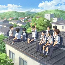 students hanging out on the roof of a japanese high school, key visual, a digital painting by makoto shinkai and james gurney, trending on artstation, highly detailed
