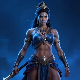 muscular hindu girl warrior by greg rutkowski, digital art, blue lighting trending on artstation, hd, 8 k, highly detailed, good lighting, beautiful, epic, masterpiece
