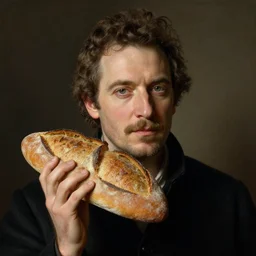 beautiful portrait half steve buscemi wearing a loaf of sourdough bread, art by anders zorn, wonderful masterpiece by greg rutkowski, beautiful cinematic light, american romanticism thomas lawrence, greg rutkowski