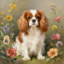 fluffy cavalier king charles spaniel, surrounded by flowers, art by artgerm