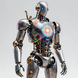 hyperdetailed masterpiece portrait of a steampunk robot, covered in colorful glowing holy geometry and chakras, wearing headphones, symmetrical, 8 k, halluzinogenic, flourescent colors on black background