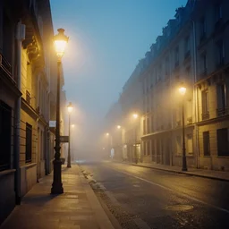 wide film still, foggy parisian street at night, street lamps glowing, muted colors, criterion collection