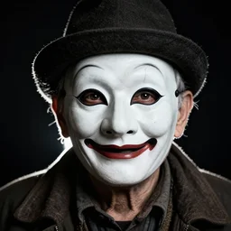 high contrast studio close - up portrait of a wrinkled old man wearing a pulcinella mask, clear eyes looking into camera, baggy clothing and hat, backlit, dark mood, nikon, photo by michal karcz and yoshitaka amano, masterpiece