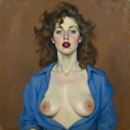 expressive medium shot portrait of a pale sexy young 8 0 s model busty woman with curly brown hair, big maroon lips, wearing a blue shirt, brown background, oil painting, impasto, muted colors, artwork by lucian freud, arnold bocklin, ossip zadnike