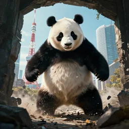 giant panda destroying tokyo in the style of the movie godzilla, cinematic lighting framing and shadows