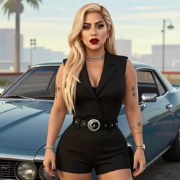 lady gaga in gta v, car in the background, cover art by stephen bliss, vector art, detailed, artstation, no text