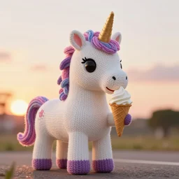 a large knitted unicorn eating an ice cream cone during sunset Trending on artstation, featured on Behance, well-rendered, Unreal Engine, 4K HD
