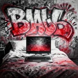 highly detailed painting of a computer on a bed by atey ghailan, by greg rutkowski, by greg tocchini, by james gilleard, by joe fenton, by kaethe butcher, gradient red, black and white color scheme, grunge aesthetic!!! ( ( graffiti tag wall background ) )