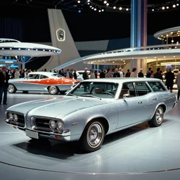 retrofuturistic gm oldsmobile firebird space van wagon of the future inspired by streamlined spaceship design, designed by Gordon Buehrig, 1960s american world's fair, press photograph