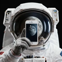 studio portrait of space astronaut, holds iphone up to visor, reflection of iphone in visor, moon, alien, extreme close shot, soft light, award winning photo by david lachapelle