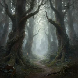an old elven wood, a view to an eerie fantasy world, portal to new york ethereal back light, mist, coherent composition, detailed fantasy painting by artgerm