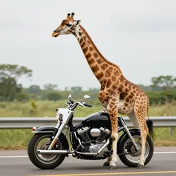 giraffe on a Harley Davidson on the road, funny picture