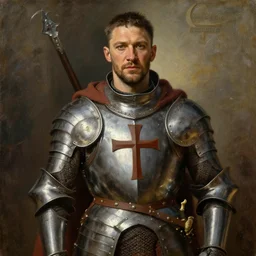 oil painting of Tom Hardy as crusader, wearing full armour, crusader cross on chest, by Arthur Adams, Diego Gisbert Llorens