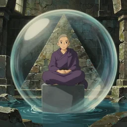 pov hyperrealist, dull colors, interior shot from howls moving castle 2 0 0 4 of a dull purple monk perched on a grey cube inside a cubic bubble in a flooded stonehenge pyramid. bubble.