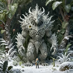 creature in a lush trunda vegetation, snow : : by michal karcz, daniel merriam, victo ngai and guillermo del toro : : ornate, dynamic, particulate, intricate, elegant, highly detailed, centered, artstation, smooth, sharp focus, octane render, 3 d