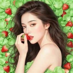 the portrait of an absurdly beautiful, graceful, elegant, sensual woman made of strawberries and green petals, an ultrafine hyperdetailed illustration by kim jung gi, irakli nadar, intricate linework, bright colors, octopath traveler, final fantasy, unreal engine 5 highly rendered, global illumination, radiant light, detailed and intricate environment