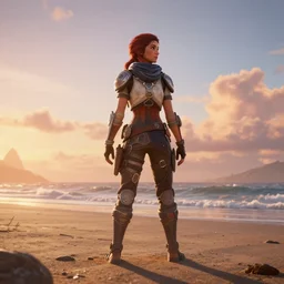 a full body photo of aloy from horizon new dawn, at beach high definition, sunset
