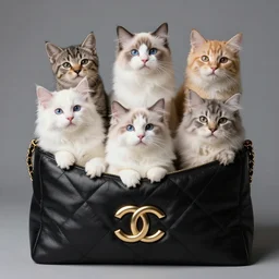 a highly detailed photo of multiple furry cats inside a chanel bag, gray background, studio lighting, 4 k, 8 k