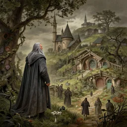 concept art of gandalf approaching the shire, hobbiton, intricate, elegant, highly detailed, greg rutkowski, dishonored 2, bioshock, scifi, john park, frazetta, john howe, ruan jia, jeffrey catherine jones