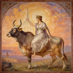 fantastic scene irrealism fresco : : sunset tones : : fantasy art scene : : timeless masterpiece : : learned philosophess she - minotaur, cow hherd : : background greek spire