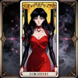 lady in red dress, noir, dark knight, akira, evangelion, beautiful face, style of nihei tutomu, symmetric lights and smoke, psychedelic effects, de - noise, symmetrical composition, high detailed + tarot card, ornate border, 8 k