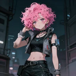 a long shot in wielding pose of a grungy cyberpunk anime, very cute, by super ss, cyberpunk fashion, curly pink hair, night sky by wlop, james jean, victo ngai, muted colors, highly detailed