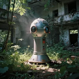 teleportation machine in an abandoned city, forgotten and overgrown with plants, light shining from the machine by thomas kinkaid