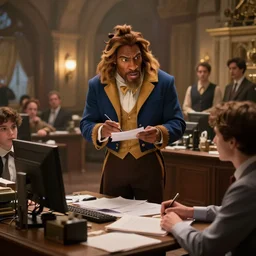 film still of Lumiere as an office manager watching over the staff in the new Beauty and the beast movie, 4k
