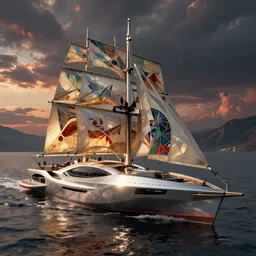 a futuristic sport yacht by artgerm and greg rutkowski and alphonse mucha, zaha hadid, volumetric light, detailed, octane render, midsommar
