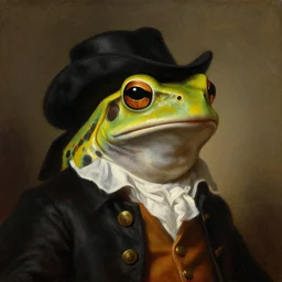 a head and shoulders portrait painting of an anthropomorphic!!!!!!!!!! amazon milk frog!!!!!!!!!! wearing a colonial outfit without a hat looking off camera, a character portrait, classicism, romanticism, oil on canvas,