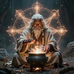 a centered render of a wise and mystical tribal shaman brewing a cauldron that summons the souls of ancestors past is surrounded by ethereal lights and fractal geometry, cinematic, beautifully lit, by artgerm, by beeple, by karol bak, by donato giancola, 3 d, trending on artstation, octane render, 8 k