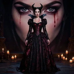 megan fox witch queen, black eyes, blood, full body, intricate victorian dress, full body, cinematic lighting, symmetrical eyes, rafael albuquerque, charlie bowater, moody lighting, candles