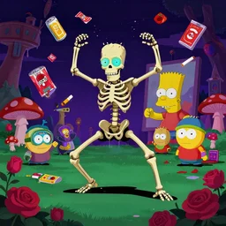 a melting skeleton dancing frenzy with cigarette packs floating around them cans of beer and cans of tomato soup, bart simpson painting behind them, south park characters, psychedelic, melting scenery, melting mushrooms, very intricate glowing cybernetic eyes in a rose garden at night, apex legends character digital illustration portrait design, by noah bradley and android jones in a cyberpunk style, synthwave color scheme, dramatic lighting, hero pose, wide angle dynamic portrait