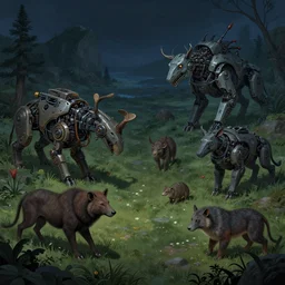 Highly Detailed digital illustration about the beauty of nature in a nightpunk world where all animals have been replaced by mechanical beasts. Trending on Artstation